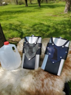 64 oz flask with Leather Holder handmade by Red Falcon