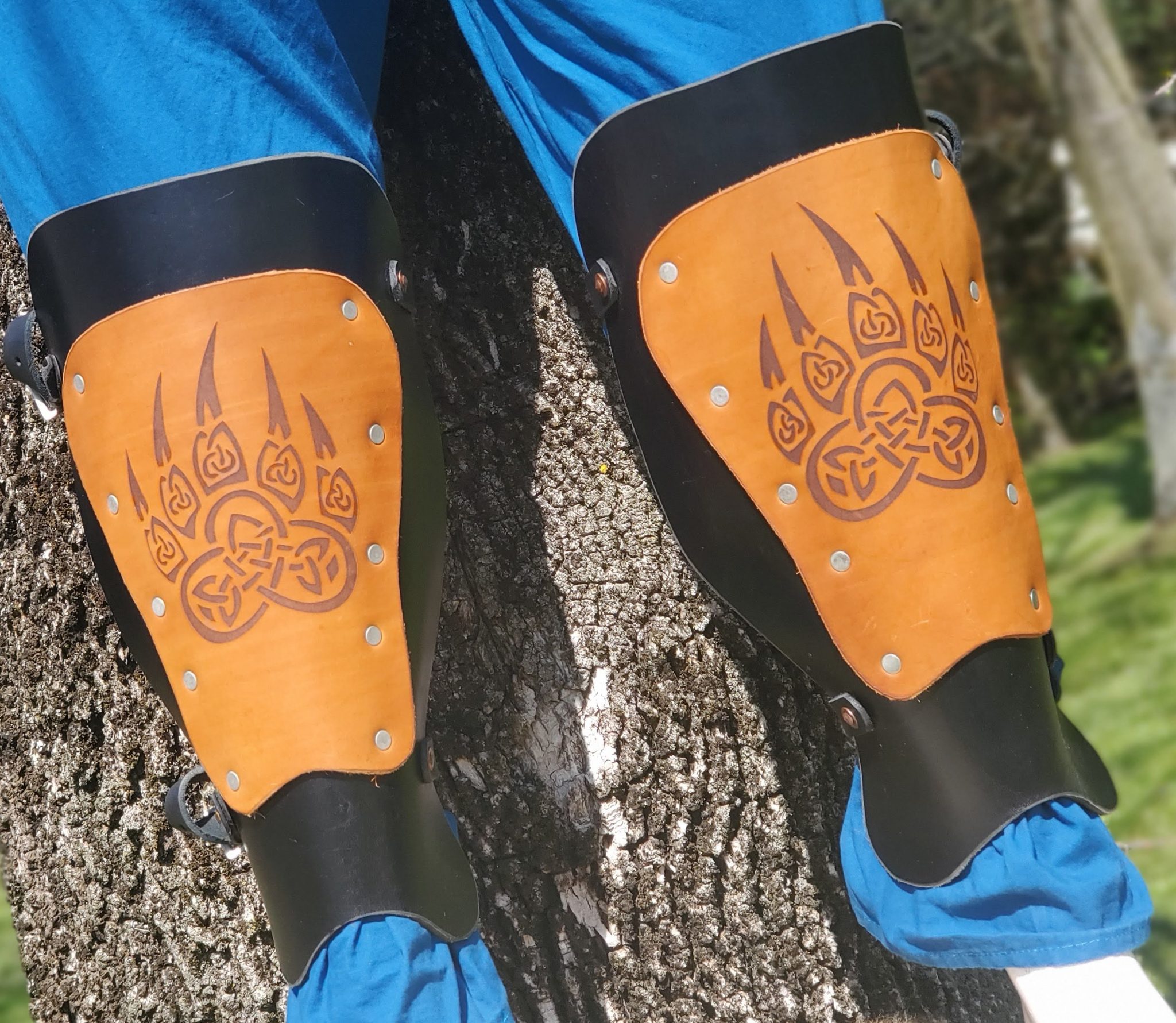 Engraved Leather Greaves ~ creatively handmade by Red Falcon